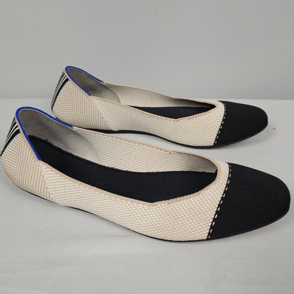 Rothys The Square Flats Shoes Women Size 12 Tuxedo Black Beige Knit Cap Toe